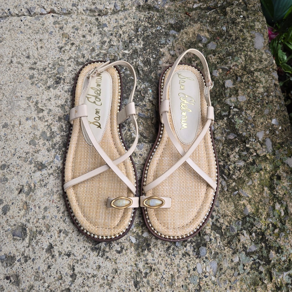 Sam Edelman Tenly toe strap Cream Flat Sandals Stone Detail Size 6.5